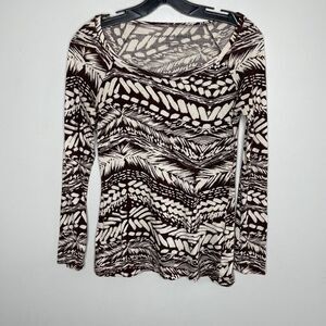 NORMA KAMALI Womens Scoop-Neck Organic Cotton Top Sz XS Brown-Ivory Print